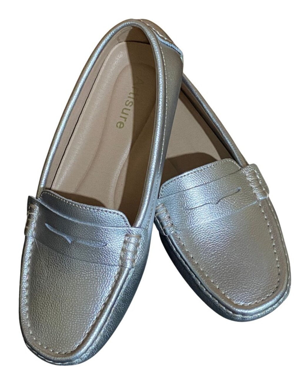 Artisure Leather Penny Loafers Silver Driving Mocs Size 8 Comfort Flats